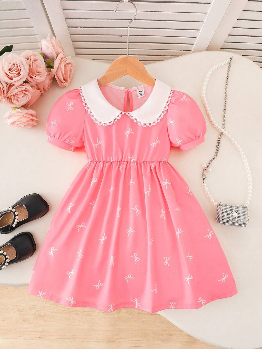 Girls' Sweet Butterfly Print Puff Sleeve Colorblock Spring Dress With Bow Design, & Elegant For Summer, Young Girl Formal Dress