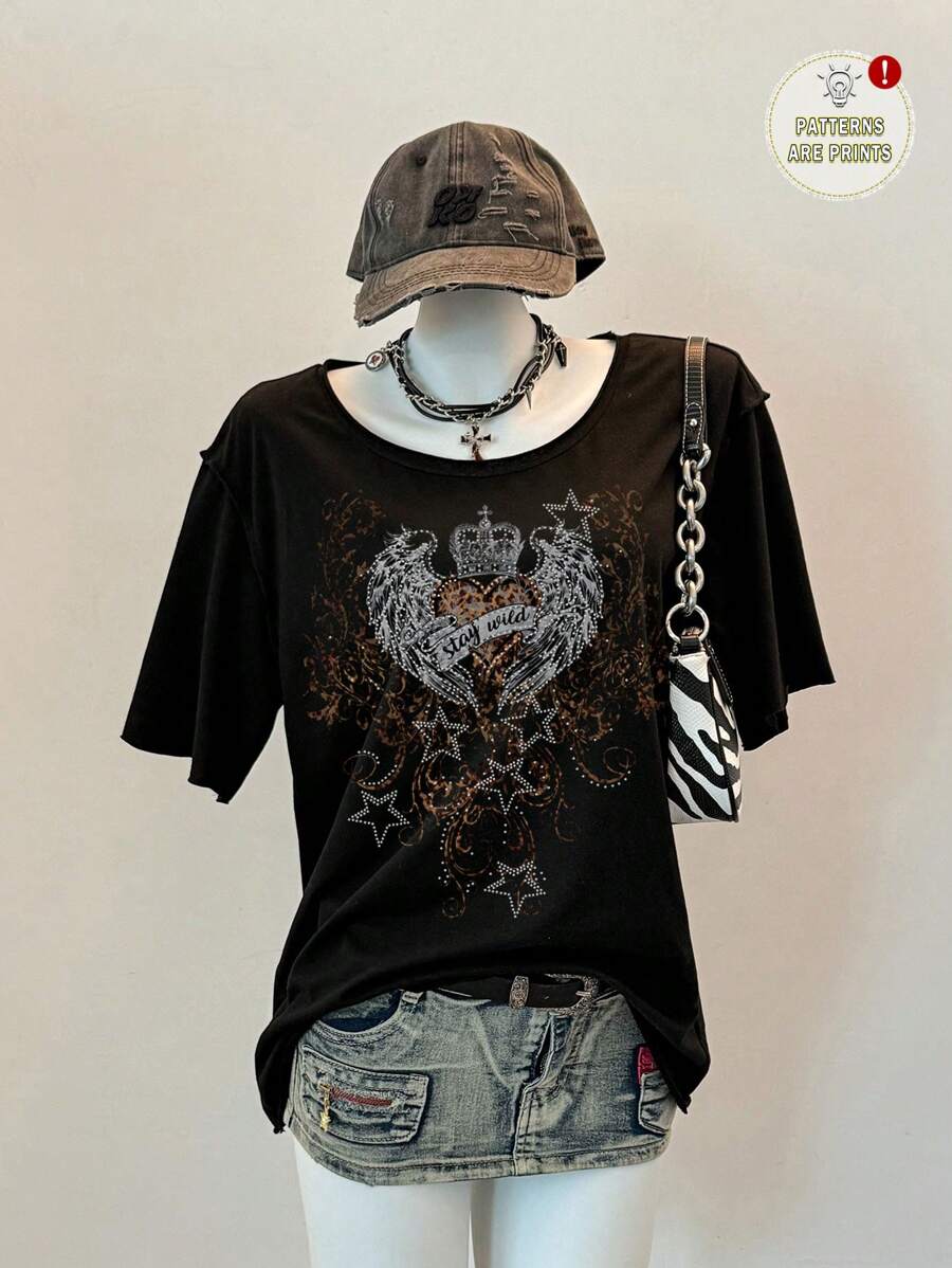 Attitoon Maglietta casual da donna a spalla larga con motivo minimalista a cuore e ali, adatta per l'estate