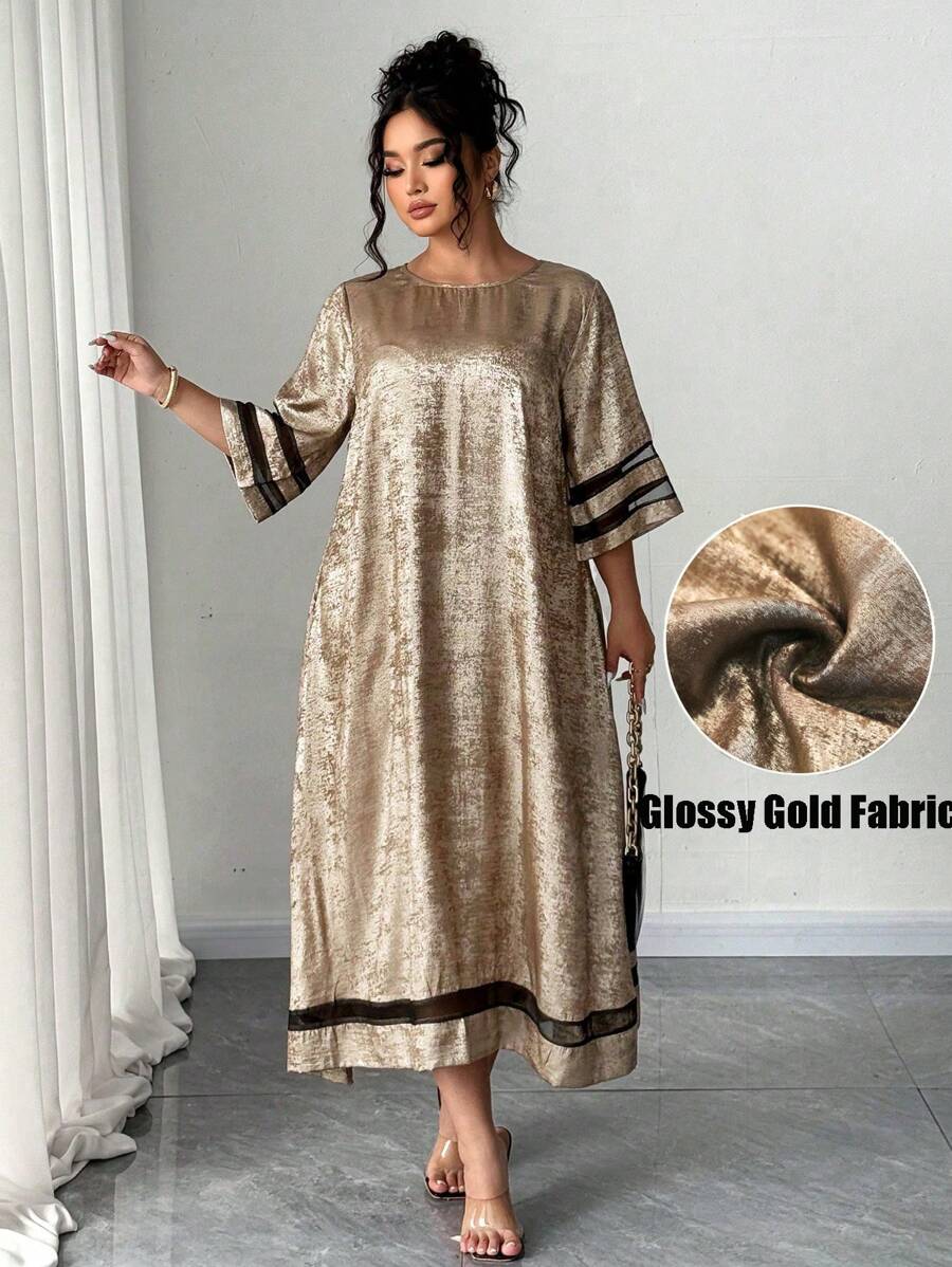 SHEIN Clasi Plus Size Women Metallic Solid Color Loose Mesh Splice Round Neck Short Sleeve Casual Long Dress