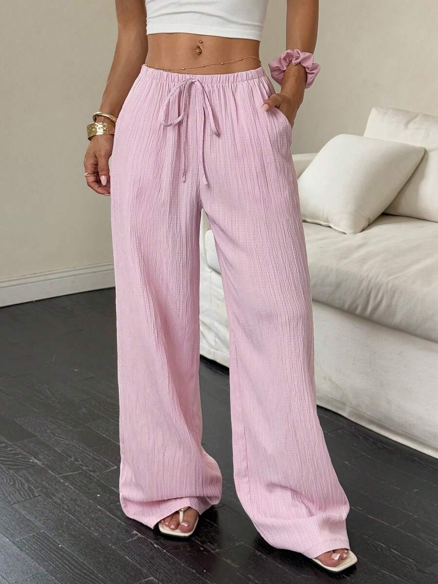 Flirla Damen einfarbige Hosen mit Taillenbindung und Taschen, weites Bein