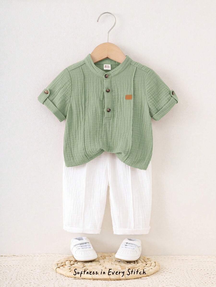 Cozy Pixies 2pcs Baby Boy Solid Color Stand Collar Short Sleeve Half-Zip Top With Decorative Stitching, Elastic Waist Pants, Summer Casual Set
