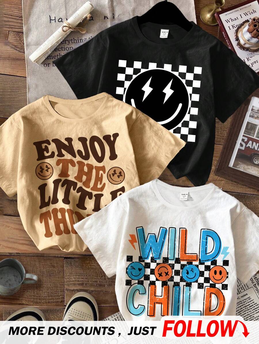 SHEIN Set de 3 camisetas de manga corta de cuello redondo holgadas con estampado de letras sonrientes y estilo minimalista casual para niño, apropiadas para el verano