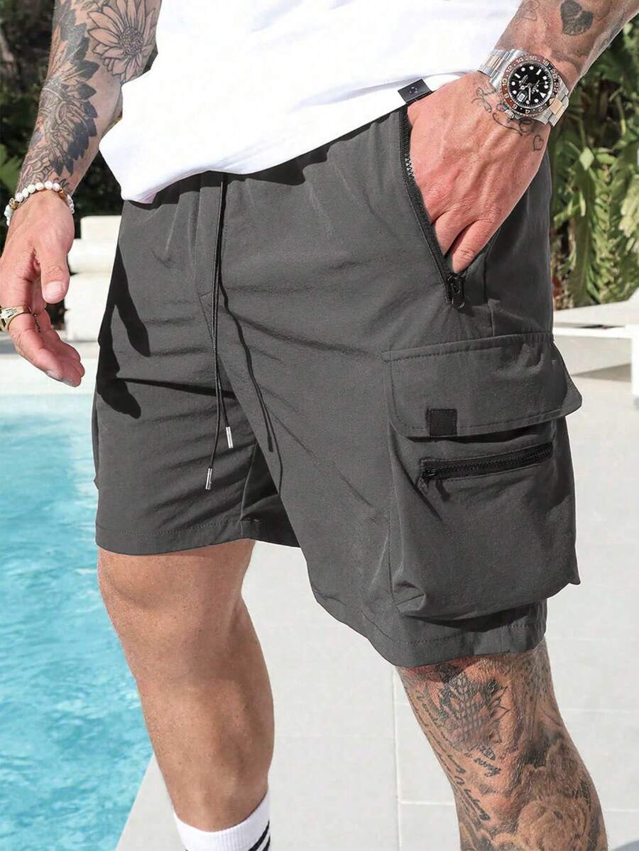 Manfinity Homme Pantalones cortos cargo de verano casuales para hombres con cintura con cordón, pantalones cortos cargo para hombres, de vuelta a la escuela