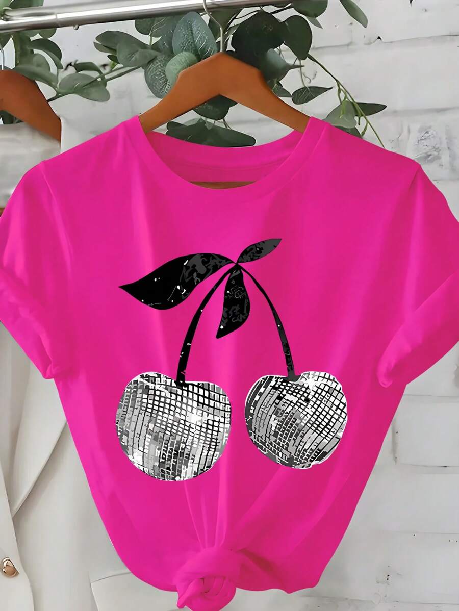 SHEIN CURVE+ Maglietta casual a maniche corte, girocollo, con stampa di ciliegie, di taglia comoda per donna