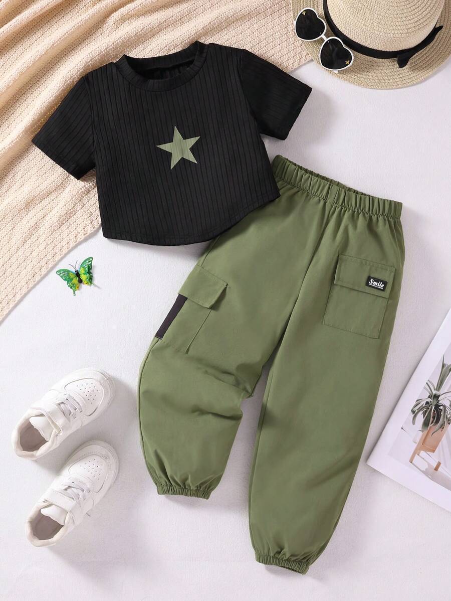 Tinuta la moda pentru fete tinere de 2 buc - tricou cu maneca scurta si set pantaloni lungi cu buzunare multiple, costum versatil casual pentru calatorii si vacanta de vara