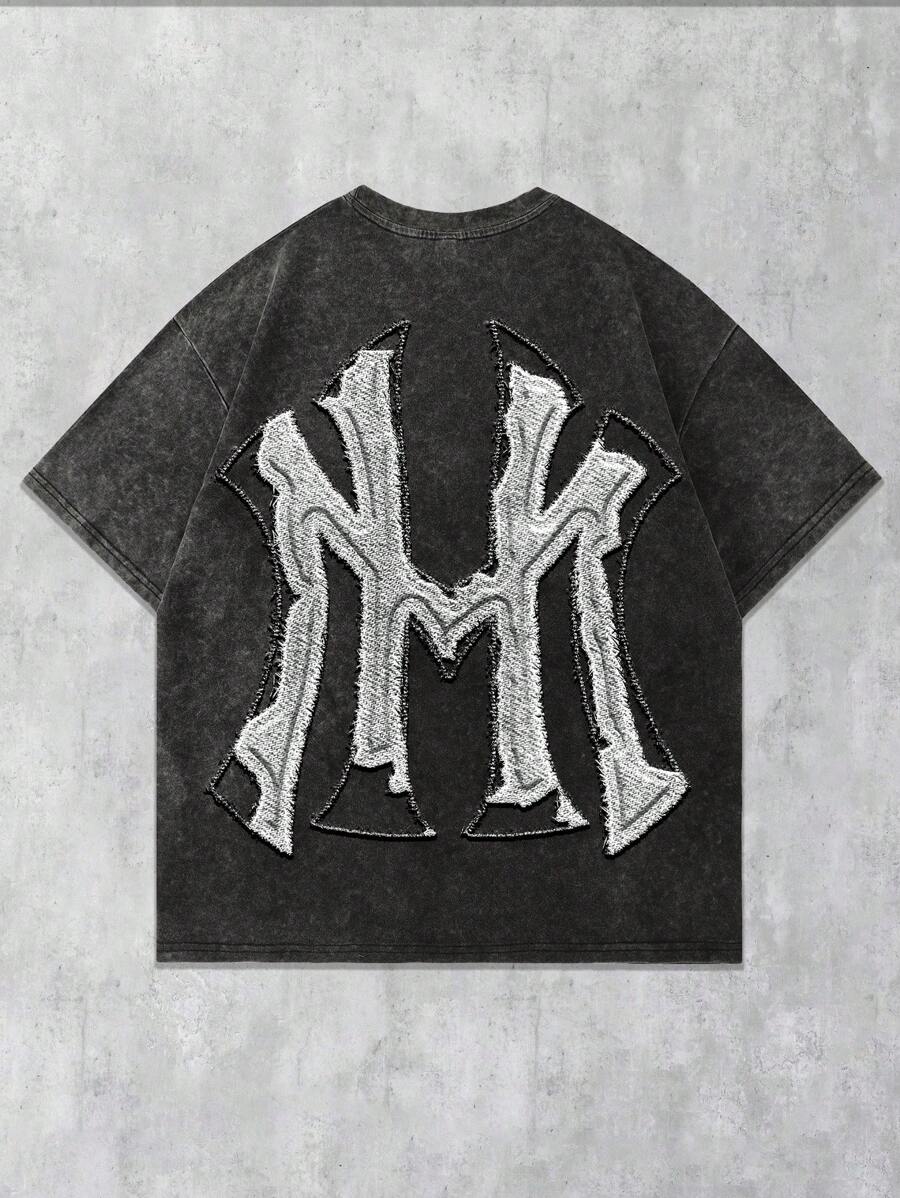 ROMWE Grunge Punk Camiseta Casual Solta de Gola Redonda com Aplicação de Letra para Homens no Verão