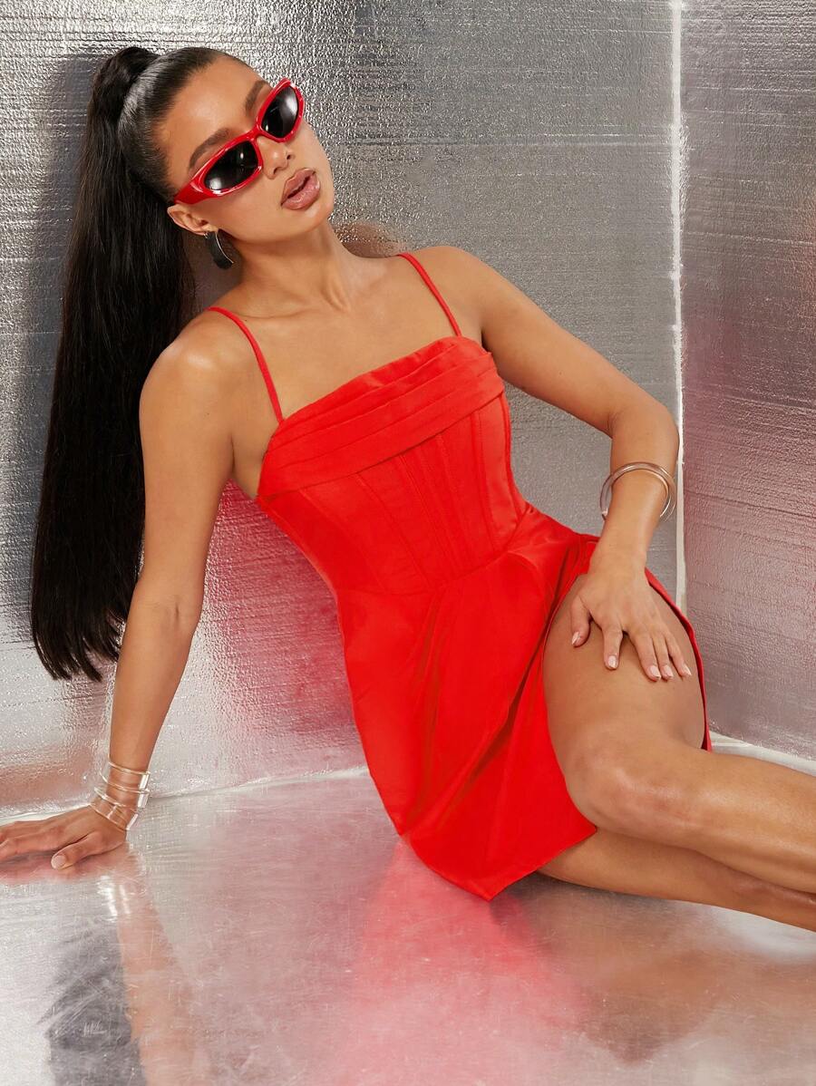 SHEIN Unity Corset Thin Strap Mini Slit Spring Event Dress Brunch Dress Music Festival Concert Outfits For Women Graduation Red Dresses Cowboy Cowgirl National Grand Tour Fashions