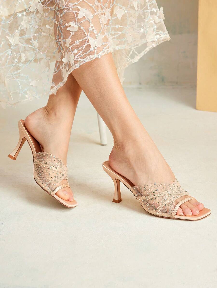 MOTF PREMIUM SANDALIAS DE TACÓN ALTO CON PUNTERA ABIERTA, TRANSPARENTES Y CON MALLA CON STRASS PARA MUJER, DE MODA