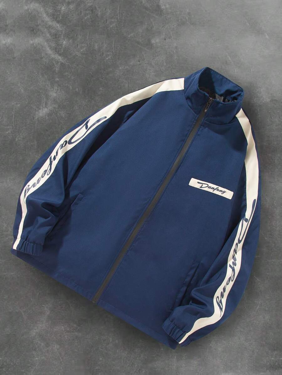 Manfinity Sporsity Chaqueta con cremallera para hombre con bloqueo de color y estampado de letras, chaqueta gráfica con cremallera para hombres
