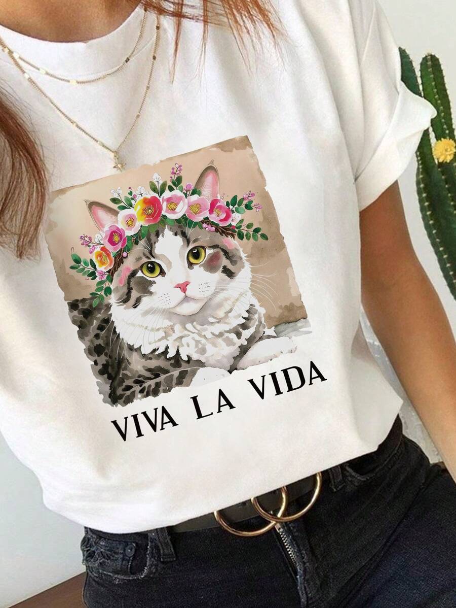 INAWLY Solva Maglietta casual a maniche corte da donna con stampa di lettere e fiori, scollo rotondo