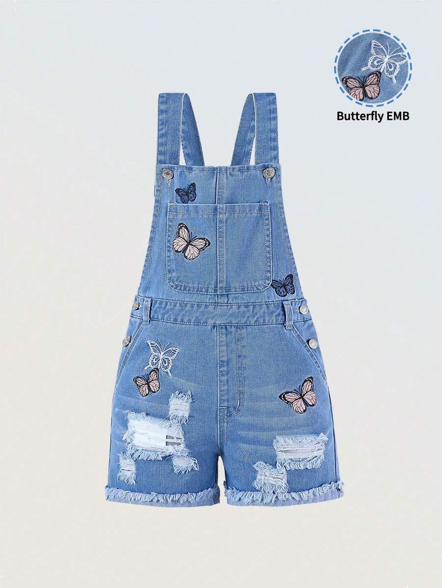 Denimly Tween Girls Casual Daily Urban Street Light Wash Denim Overalls With Cute Butterfly Embroidery, Ripped, Frayed Hem, School, Campus, College Summer Holiday