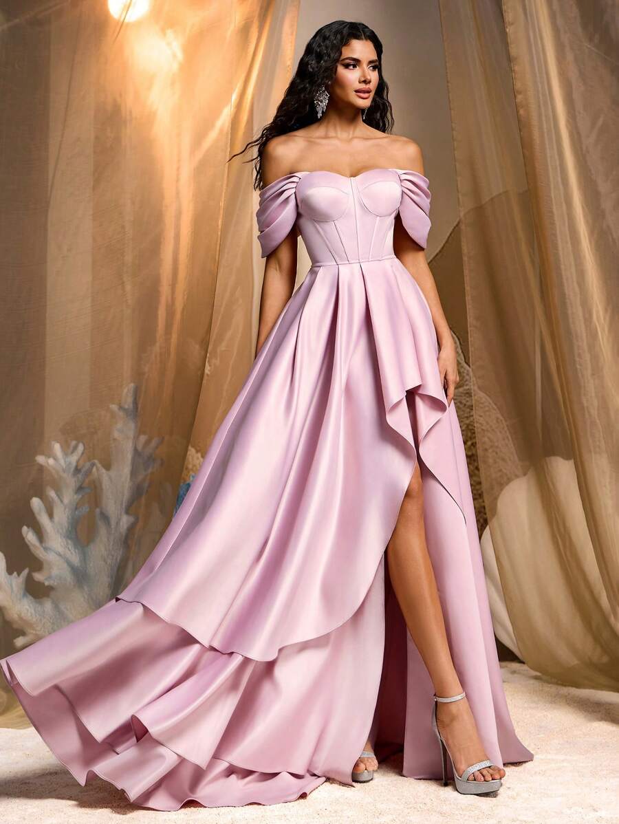 Glamrae Elegant Luxurious Off-Shoulder Puff Sleeve Ruffle Hem Dress, Suitable For Wedding, Single Party, Vacation, Ball, Banquet (Heavy-Duty)