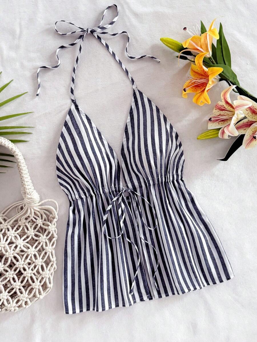 Soleia Vacation Beach Halter Neck Tied Contrast Stripe Tank Top