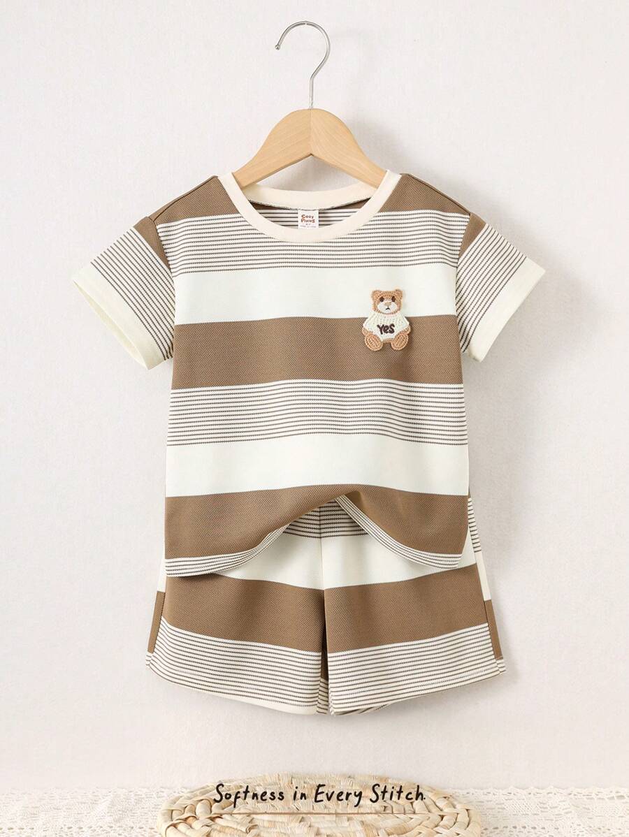 Cozy Pixies Set de 2 piezas de camisa de punto de cuello redondo de manga corta con rayas de colores y pantalones cortos de cintura elástica para niños