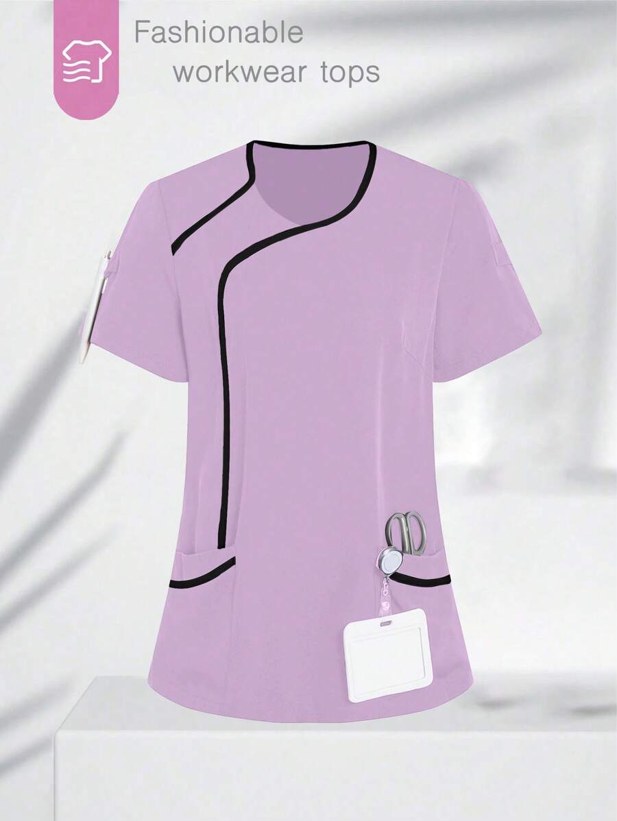 TaskEZ Maglietta donna con bordi a contrasto di colore, maniche corte, camice da lavoro