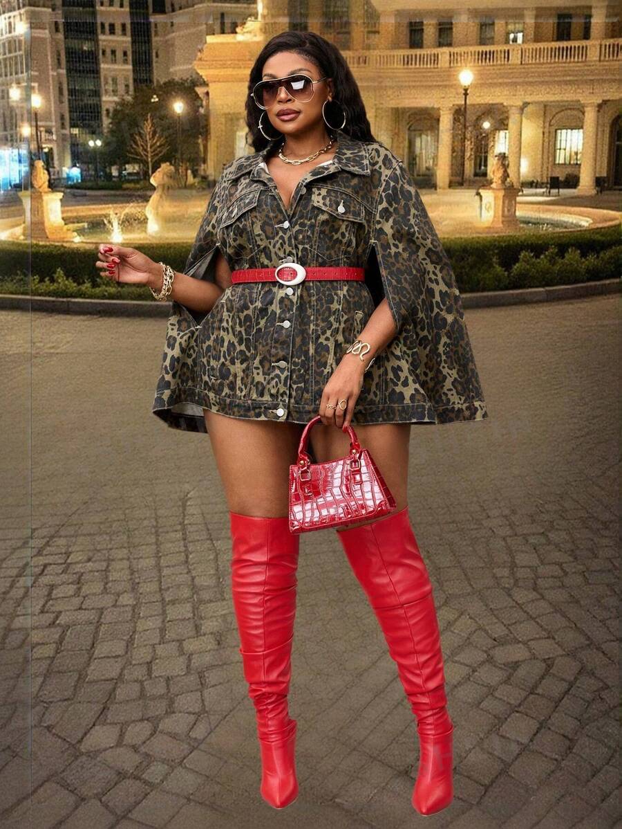 SHEIN SXY Chaqueta vaquera de tallas grandes para mujer con estampado de leopardo y mangas tipo murciélago personalizadas