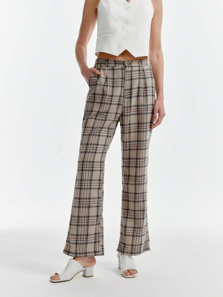SHEIN Clasi Pantaloni da lavoro vintage a zampa di elefante con motivo a quadri, versatili