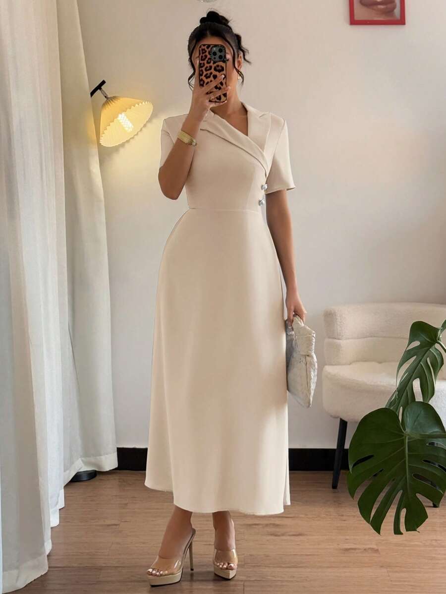 Elenzga Abito midi asimmetrico elegante blu, a-line con vestibilità aderente, adatto per appuntamenti, San Valentino, matrimoni, Ramadan, festival musicali
