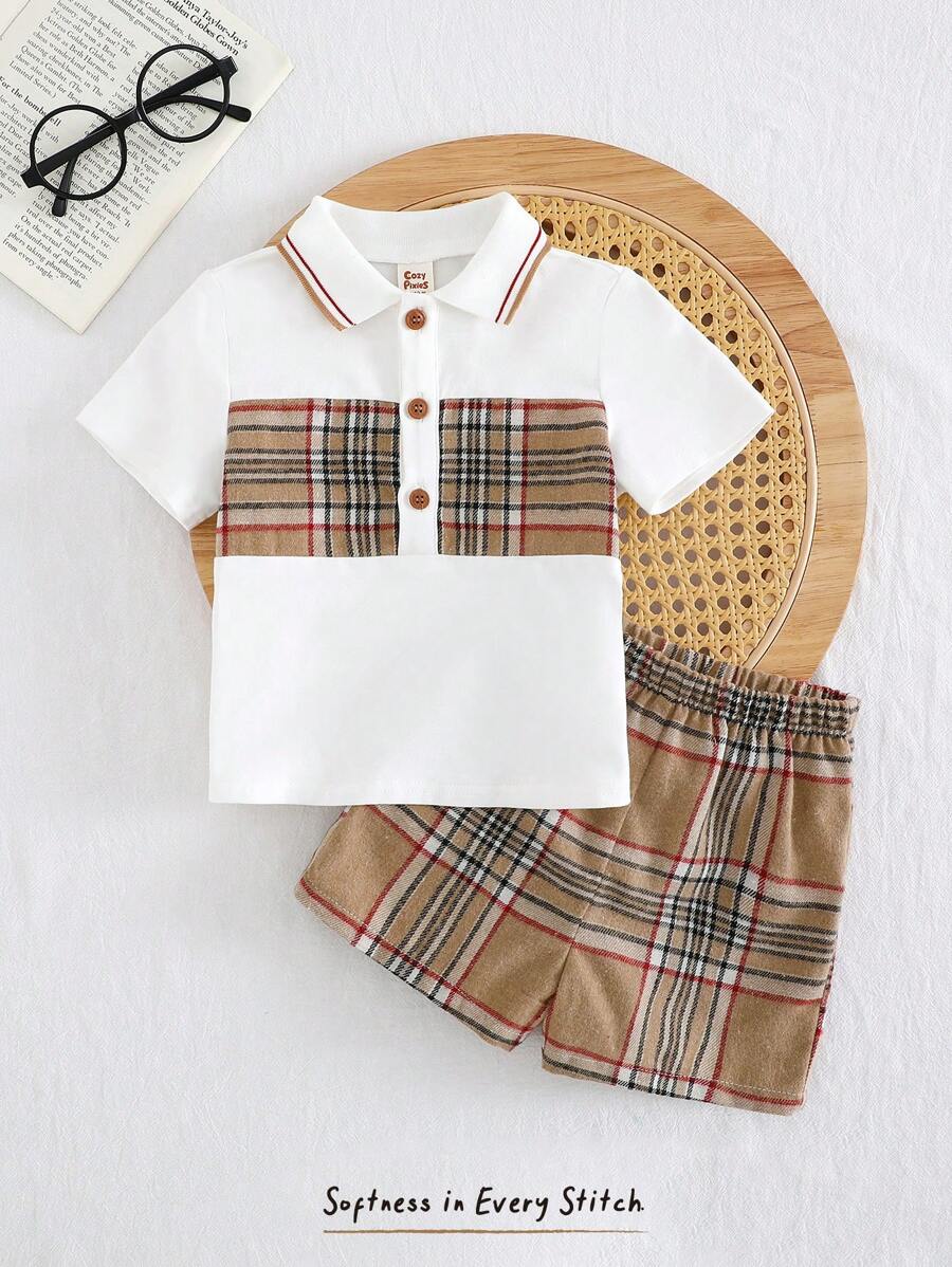 Cozy Pixies 2pcs/Set Baby Boy Colorblock Lapel Short Sleeve Snap Button Casual Shorts Set