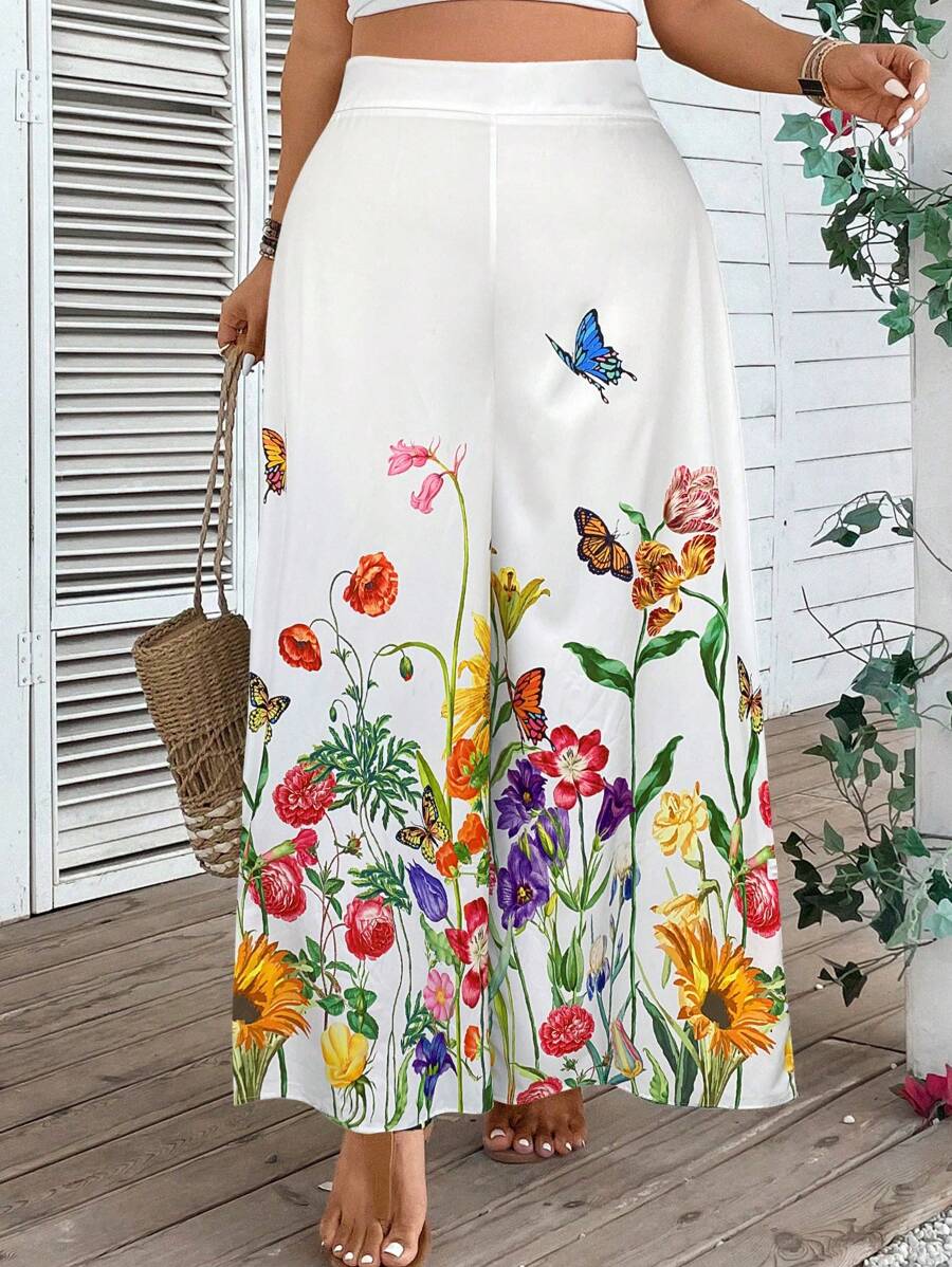 SHEIN VCAY Pantalon palazzo casual à jambe large avec imprimé floral grande taille