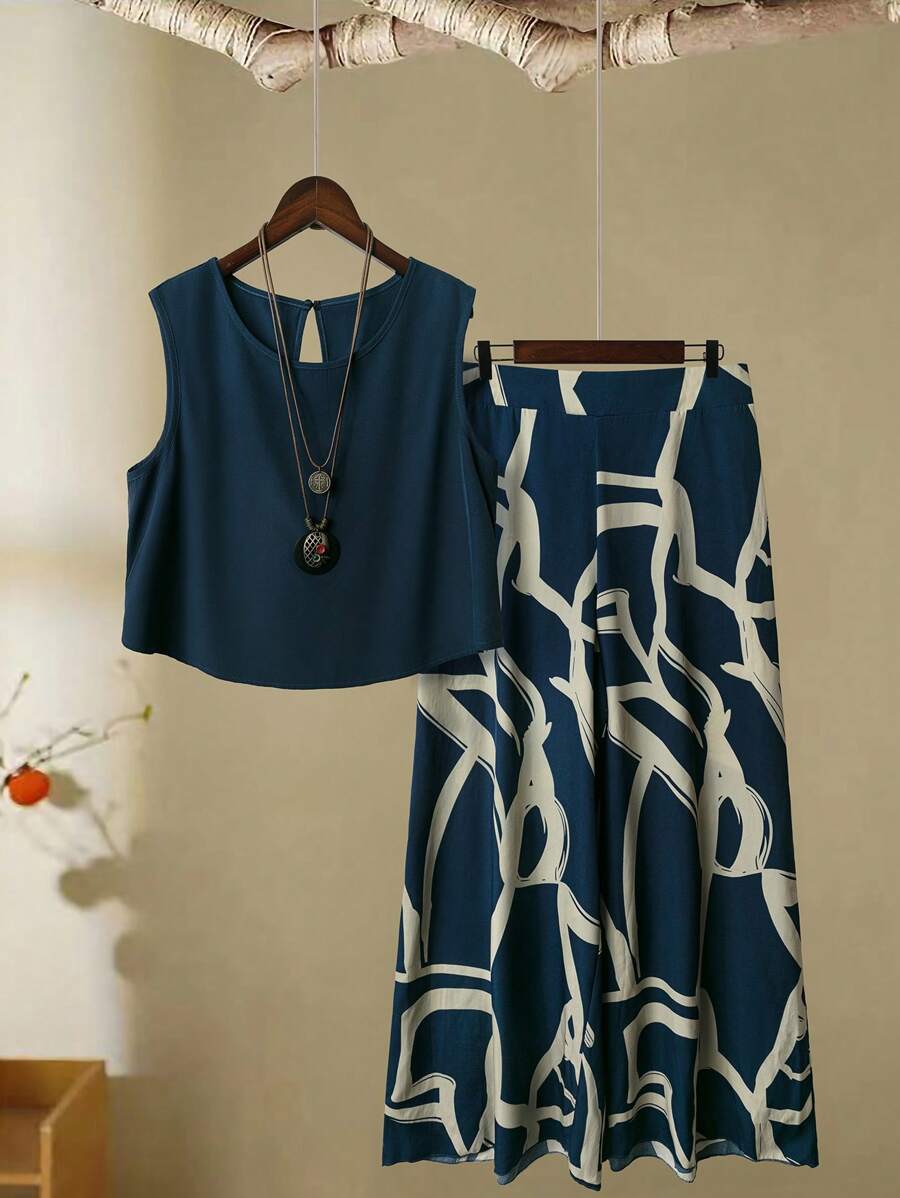 EMERY ROSE 2 Peças Conjunto Casual Feminino Plus Size, Top Regata Gola Redonda de Cor Sólida e Calça Perna Larga, Blusas Gráficas de Férias Verão Feminino, Calça Estilo Boho Elegante Larga