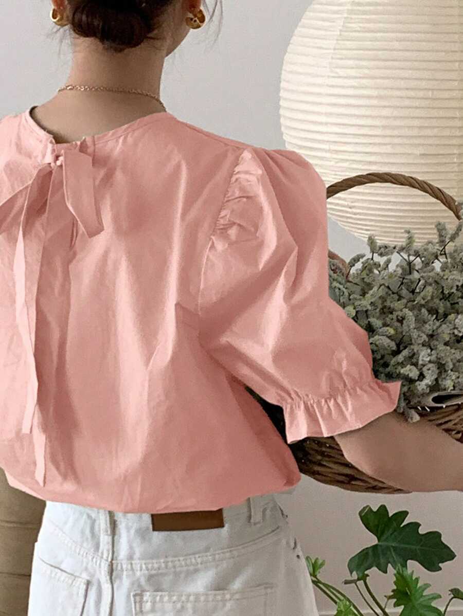 DAZY Camicia donna a maniche corte e ampie, legata in vita, a tinta unita, verde menta, adatta per primavera/estate