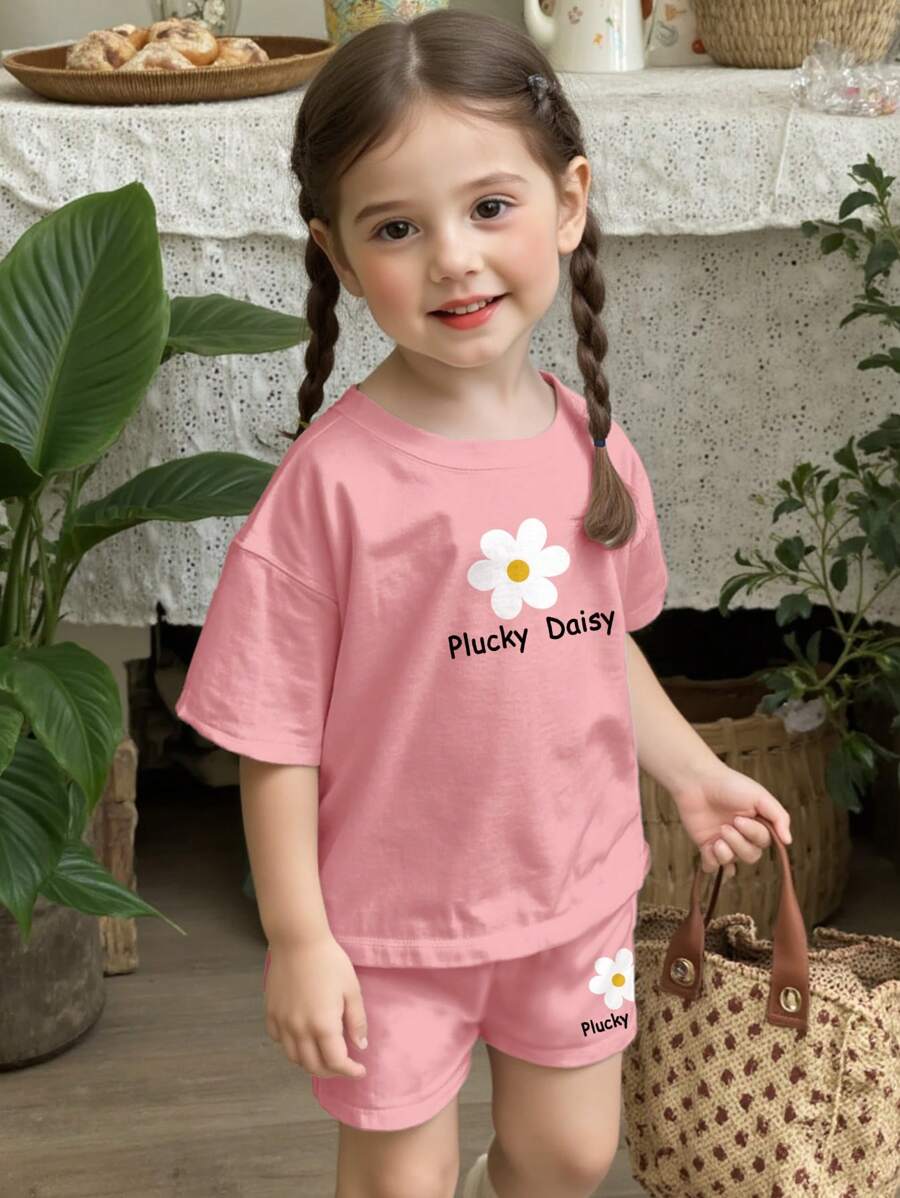 SHEIN Babymeisjes casual eenvoudige cartoon print korte mouwen shorts set van 2 stuks, geschikt voor de zomer