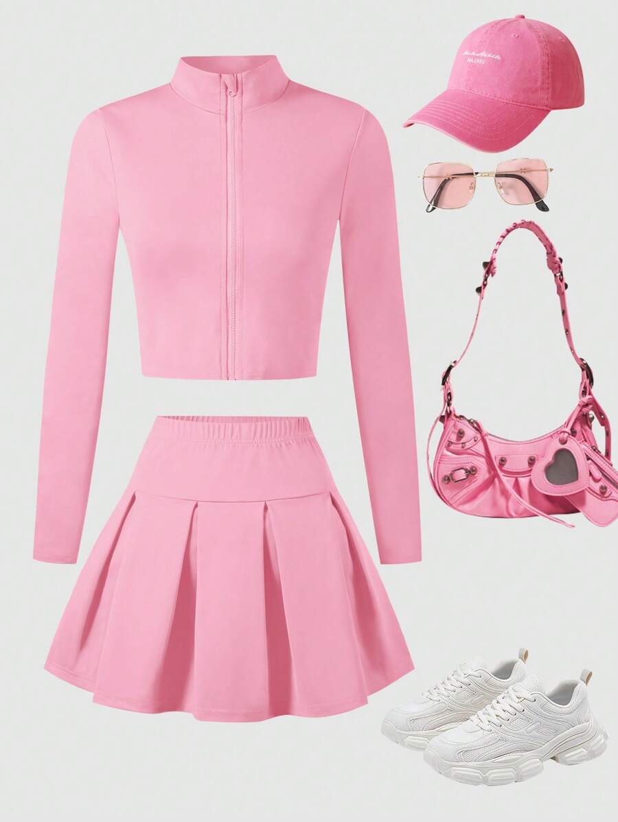 Girls & Teens Sports Wear Set, Zipper Sweater And Pleated Mini Skirt, Stretchy Fabric, Suitable For Sports & Casual, Spring & Autumn