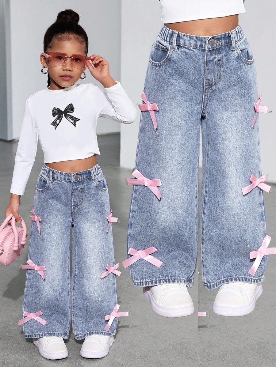 SHEIN Young Girl Y2K Cute Pink Bow Decor Loose Blue Denim Wide Leg Pants, Girl Fall And Winter Denim Jeans Clothes,Cool Outfit/Girls Thanksgiving Outfit,