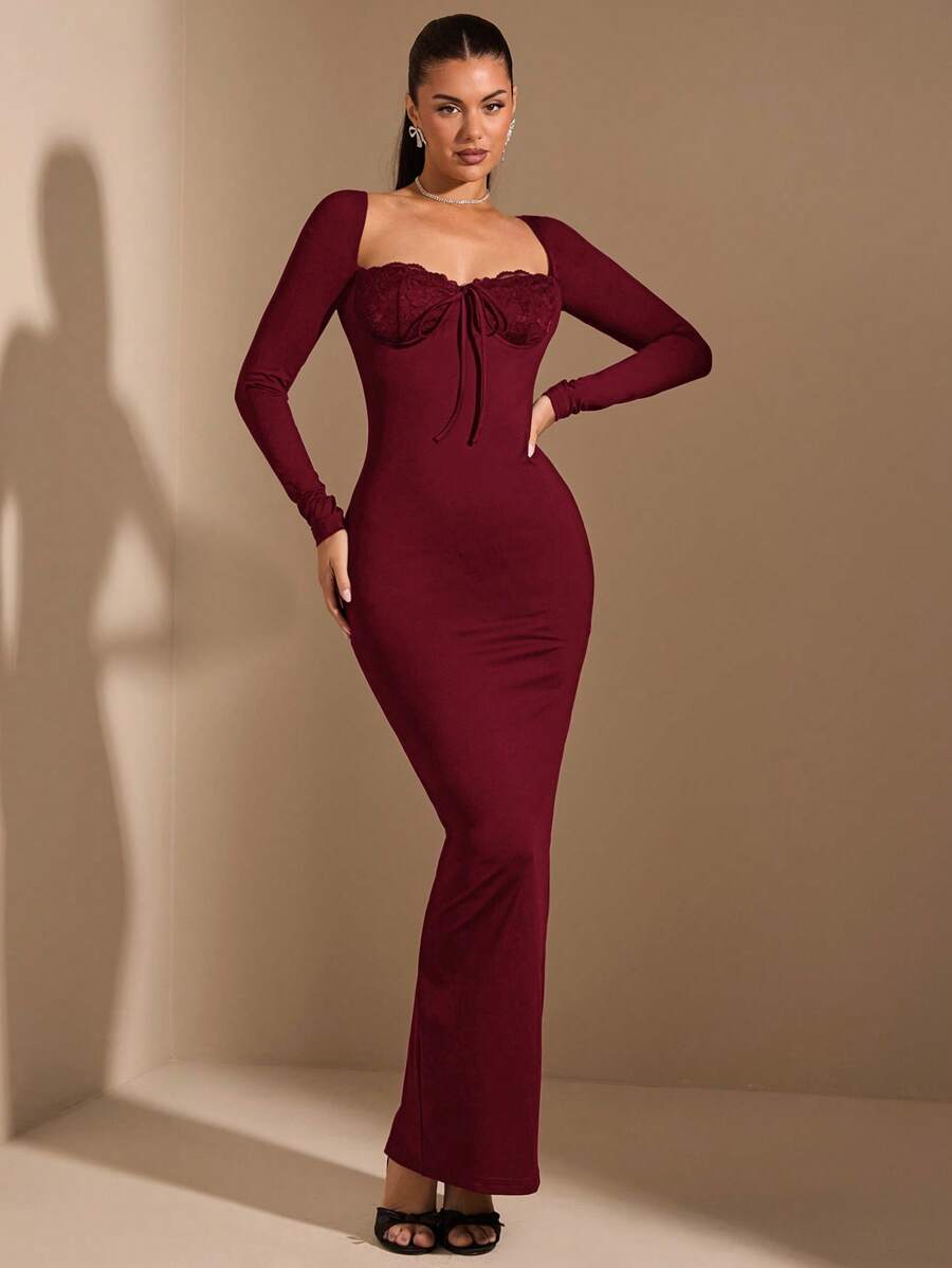 SHEIN BAE Top corto de encaje de manga larga con cuello cuadrado minimalista negro para mujer, vestido elegante y sencillo para otoño/invierno/principios de primavera, adecuado para el Día de San Valentín, fiestas, citas, dama de honor, ocasiones formales, uso diario