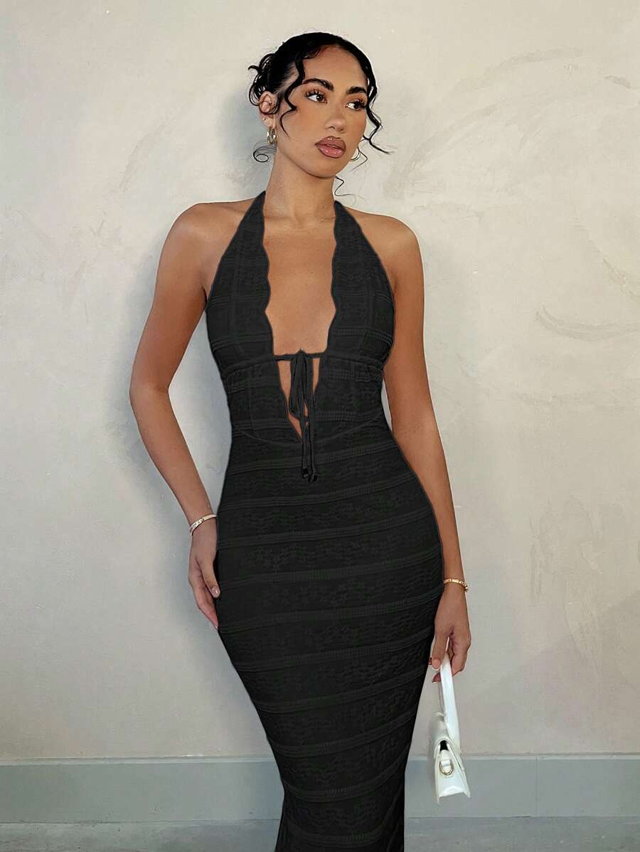 SHEIN BAE Women's Spring And Summer Halter Neck Embroidery Holiday Leisure Outing Long Dress,Birthday Outfits For Women,Summer Outfits For Women,Valentine Day Dress,Summer Dresses For Women