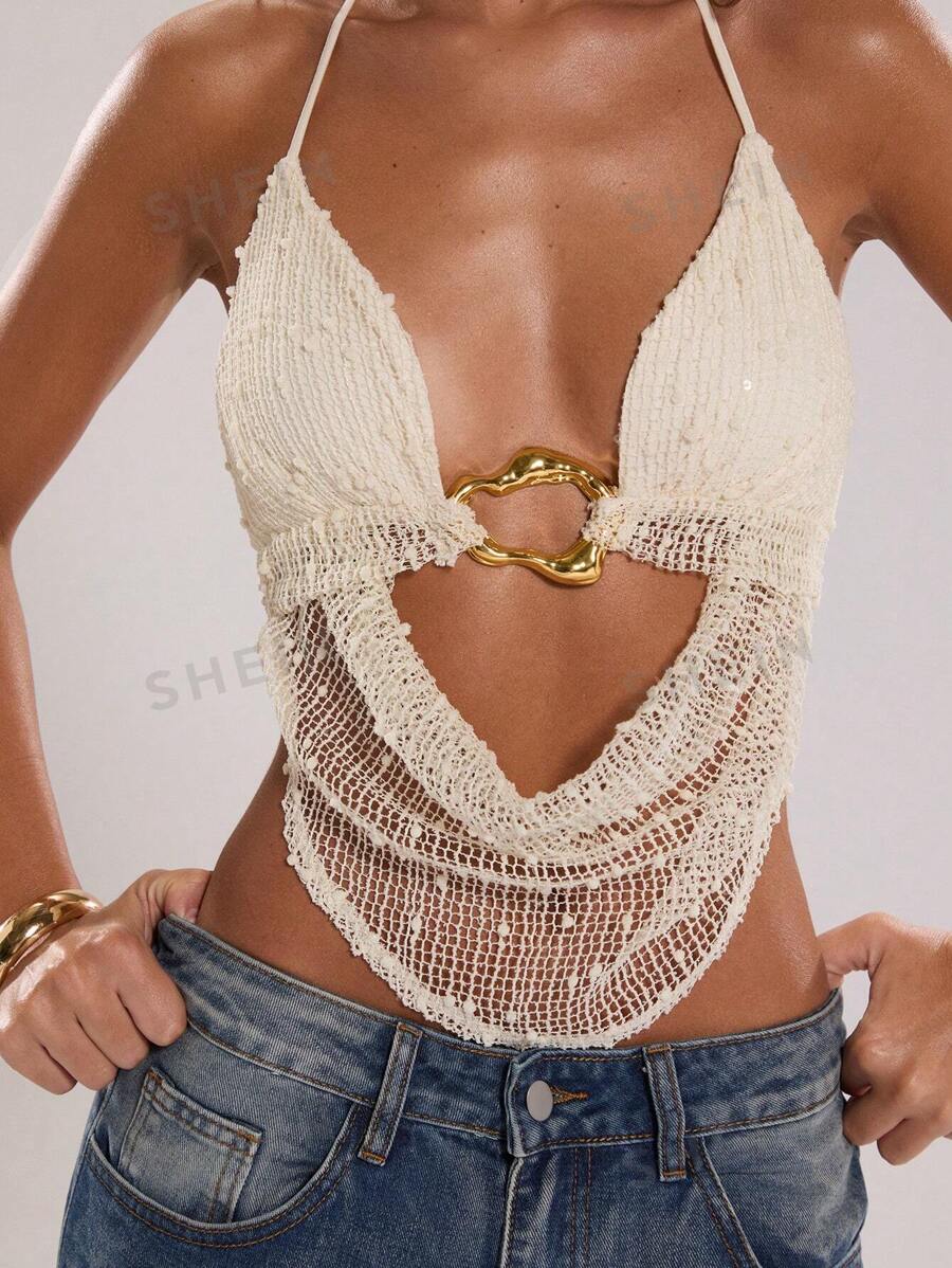 SHEIN BAE Topuri de vară pentru femei, sexy, boem, pentru plajă, vacanță, concert, cravată cu halter, decorațiuni metalice croșetate, vară pentru femei, top sexy pentru club, top rave