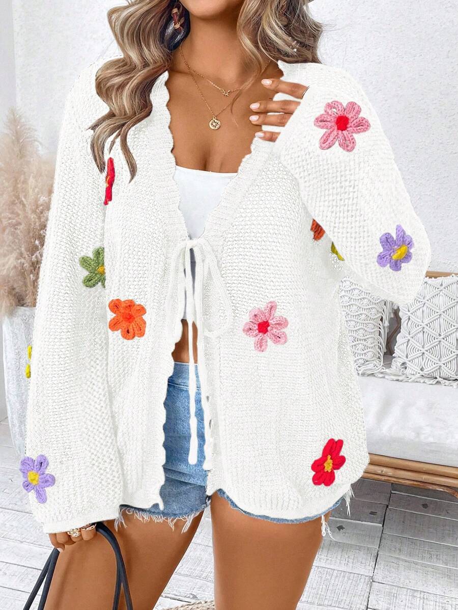 SHEIN Holidaya Plus Size Women's Solid Color Knit V-Neck Hollow Floral Decor Long Sleeve Regular Elegant Vacation Lightweight Cardigan, Spring/Summer