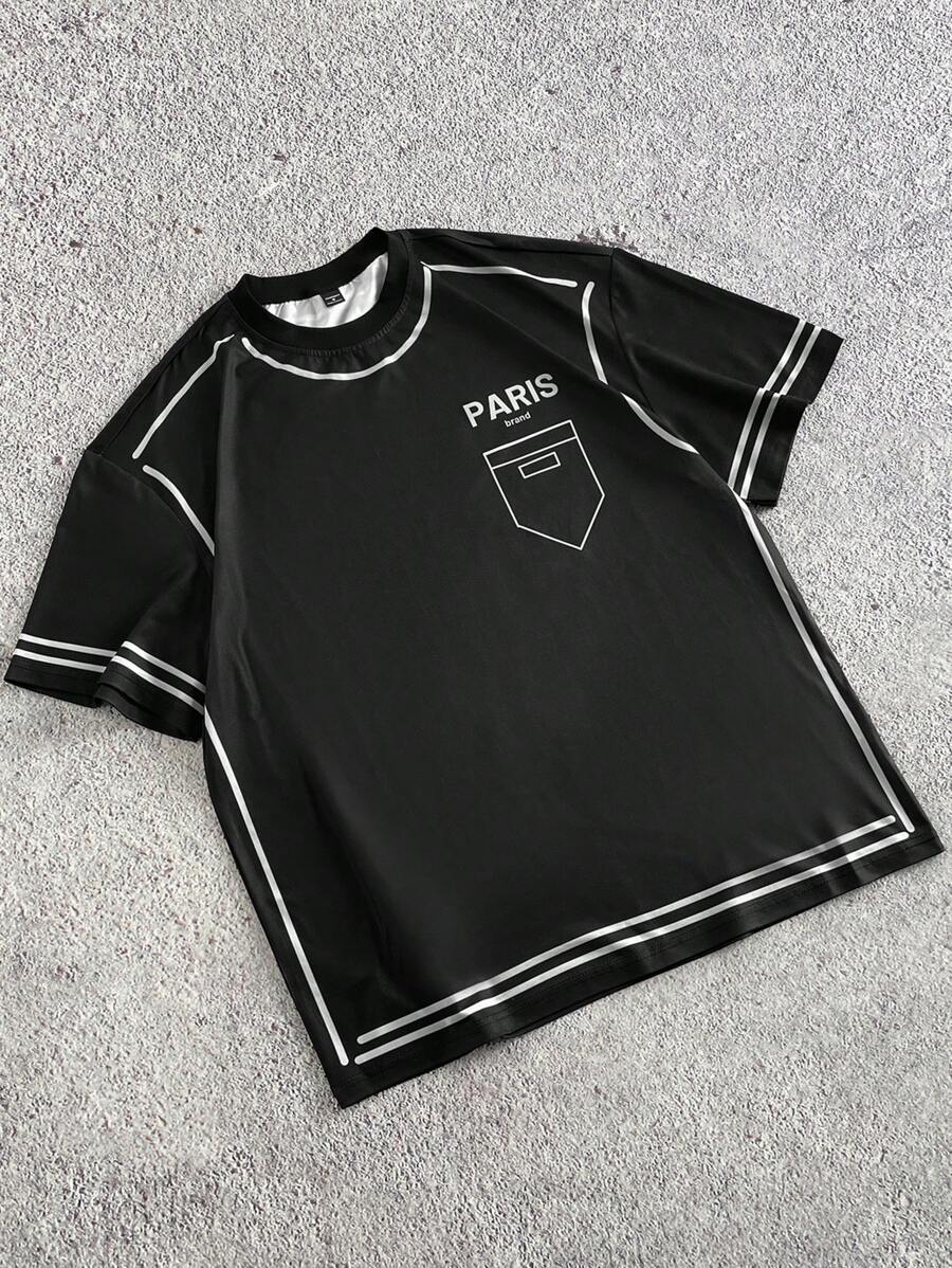 Manfinity Hypemode Camiseta de manga corta de cuello redondo holgada con líneas estructuradas de contraste, estilo callejero juvenil de los hombres, artículo versátil en INS, adecuado para ropa deportiva, usar de vuelta a la escuela y como regalo para novio.