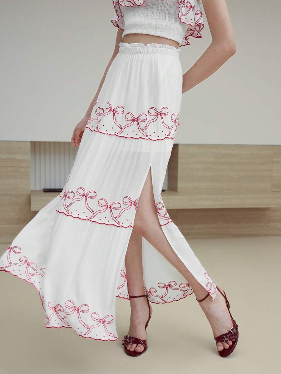 MOTF STUDIO SPLIT THIGH BOW PRINT SKIRT