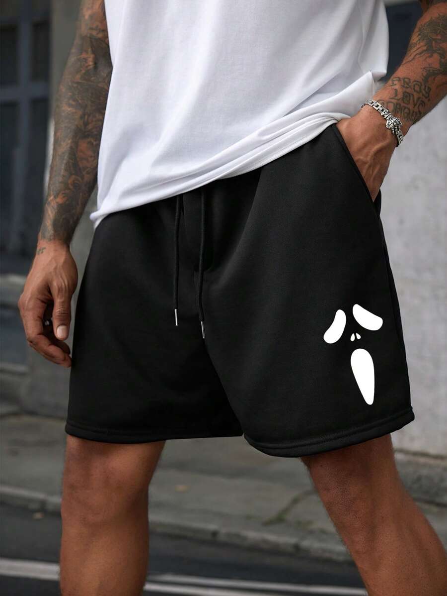 Manfinity Homme Black Knit Horror Ghost Face Casual Printed Men's Standard Size Shorts