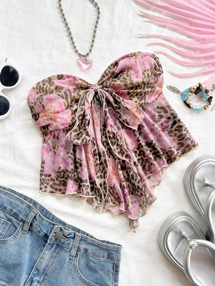 Soleia Crop top da donna con stampa leopardata e floreale, senza spalline, arricciato, con laccio sulla parte anteriore e volant sul fondo, ideale per feste, appuntamenti, tè del pomeriggio, viaggi in città e spiaggia