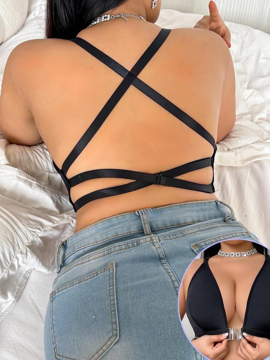 SHEIN Sujetador inalámbrico de confort de cierre delantero con diseño de espalda abierta en talla grande