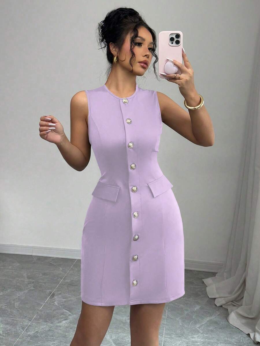 Elenzga Sleeveless Elegant Commuter Fashion Front Closure Waist Cinched Waist Women Dress