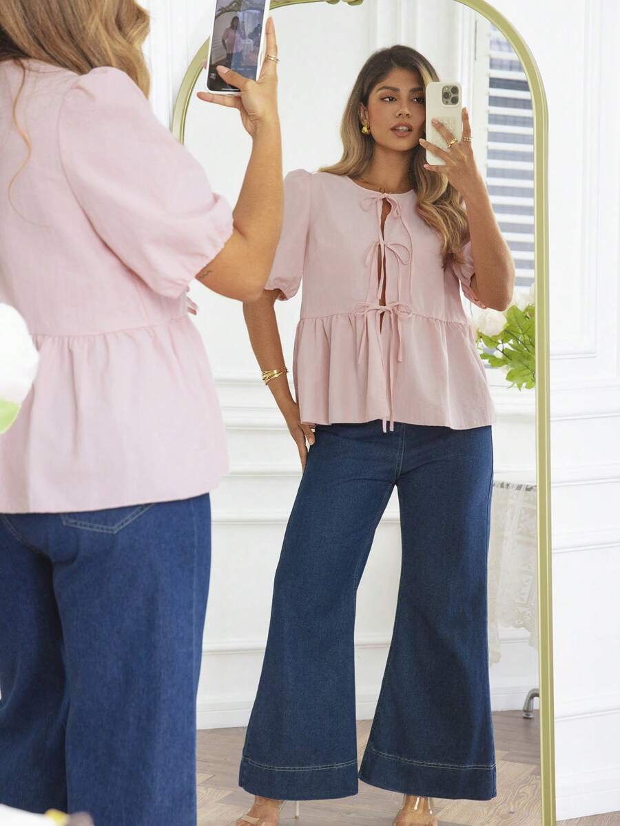 KURAYIA Camicia allentata con maniche a palloncino e legatura davanti, casual, per donna, camicetta estiva oversize per donna