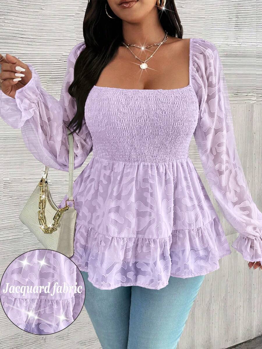 Celure Blusa con maniche a sbuffo elegante e romantica, con dettagli tagliati, in tessuto, con peplum, per taglie forti