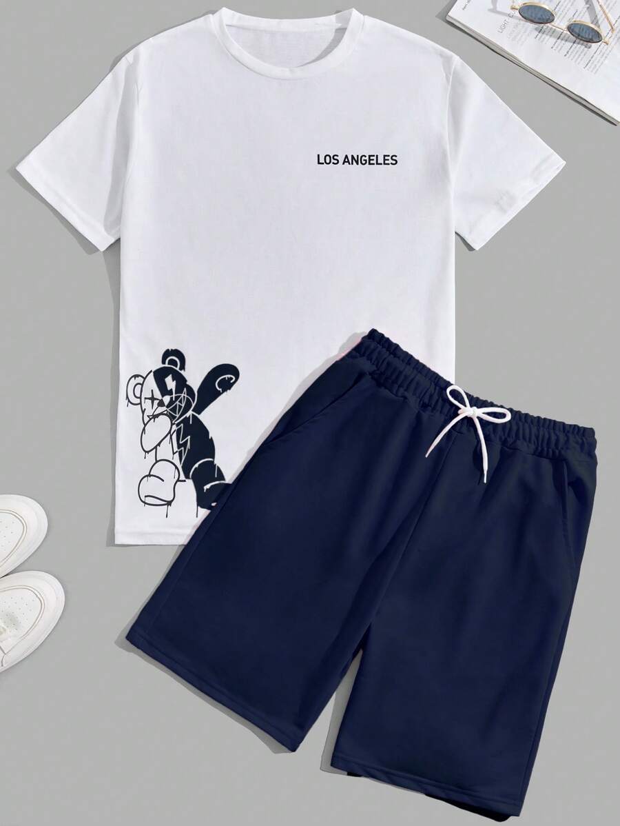 RueChic Ensemble de t-shirts réguliers en coton pour hommes imprimés d'ours et de lettres
