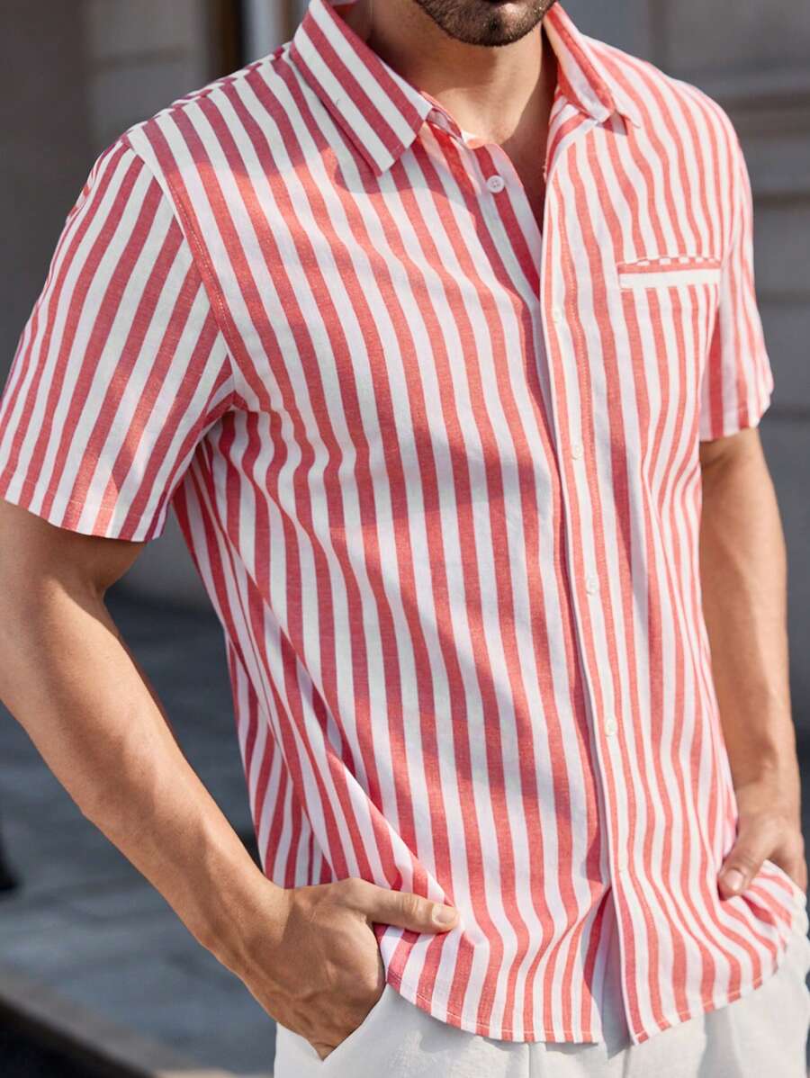 Manfinity RelaxMax Men's Short Sleeve Striped Casual Shirt, Suitable For Summer Men Summer Shirts