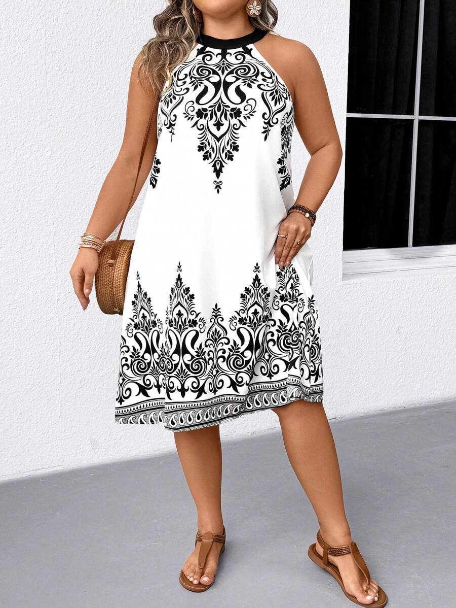 Breezaya Elegant Commuter & Holiday Casual Versatile Plus Size Women's Round Neck Sleeveless Black & White Patterned Fabric Dress, Spring/Summer/Autumn