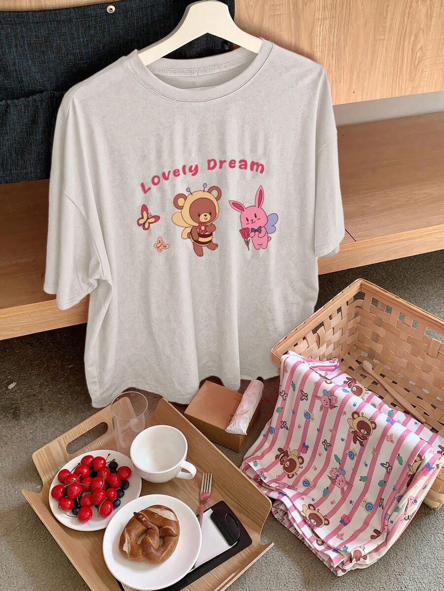 DAZY Set de pijama de 2 piezas para mujer con estampado de dibujos animados, de manga corta y holgado