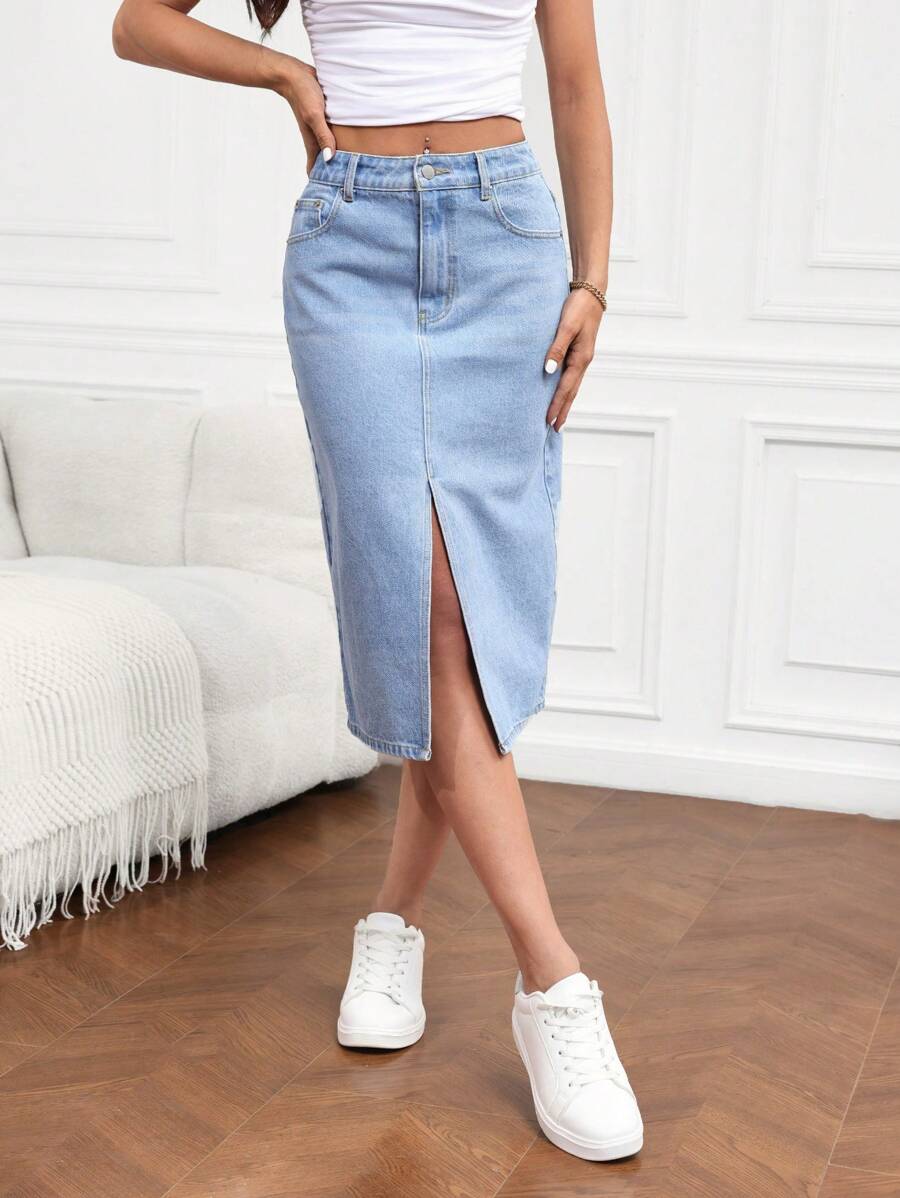 SHEIN Tall Jupe évasée en jean casual pour femmes avec poches et fente sur le côté