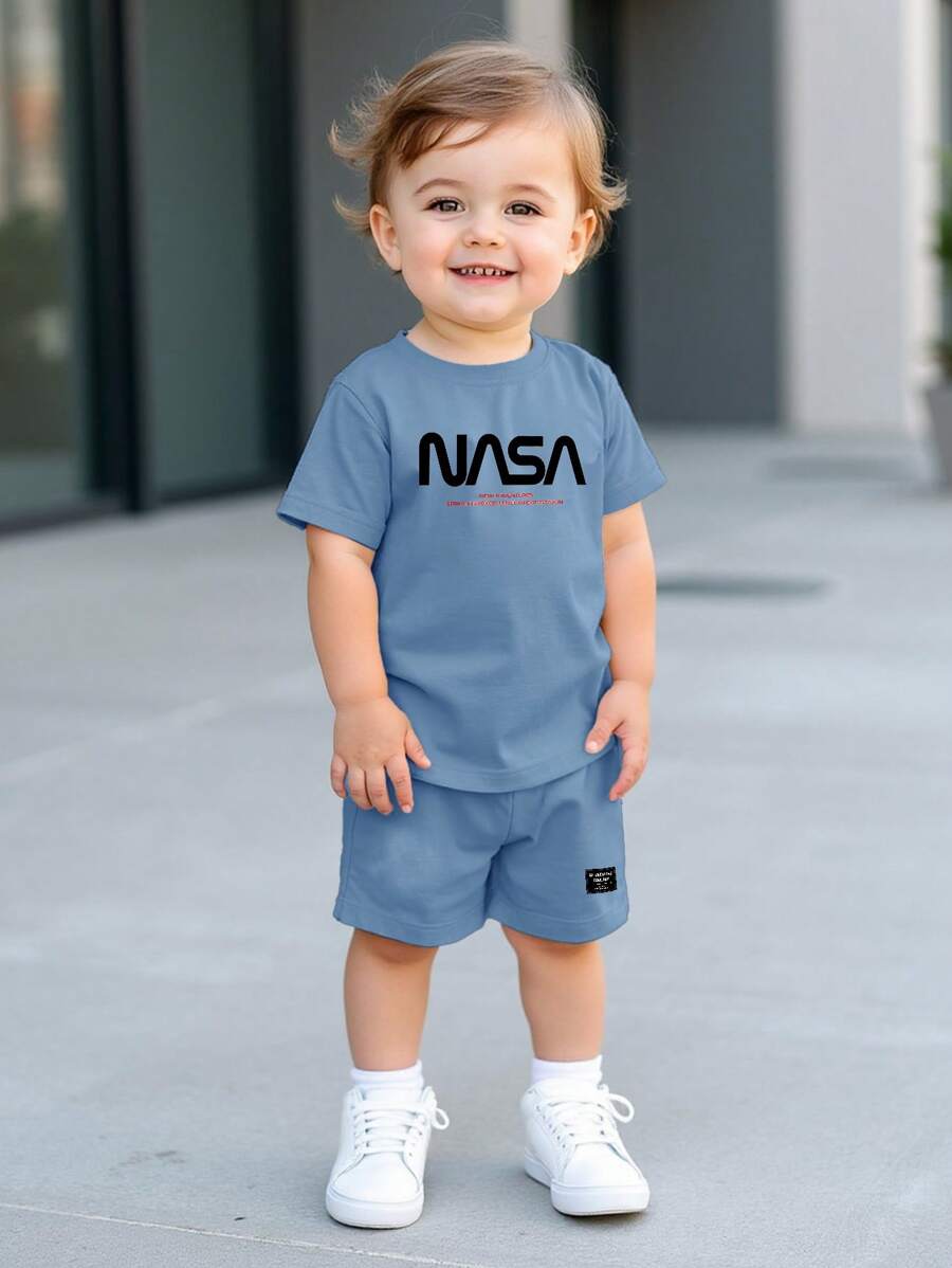 SHEIN Conjunto informal de 2 piezas de niño bebé con cuello redondo y manga corta, shorts, adecuado para el verano