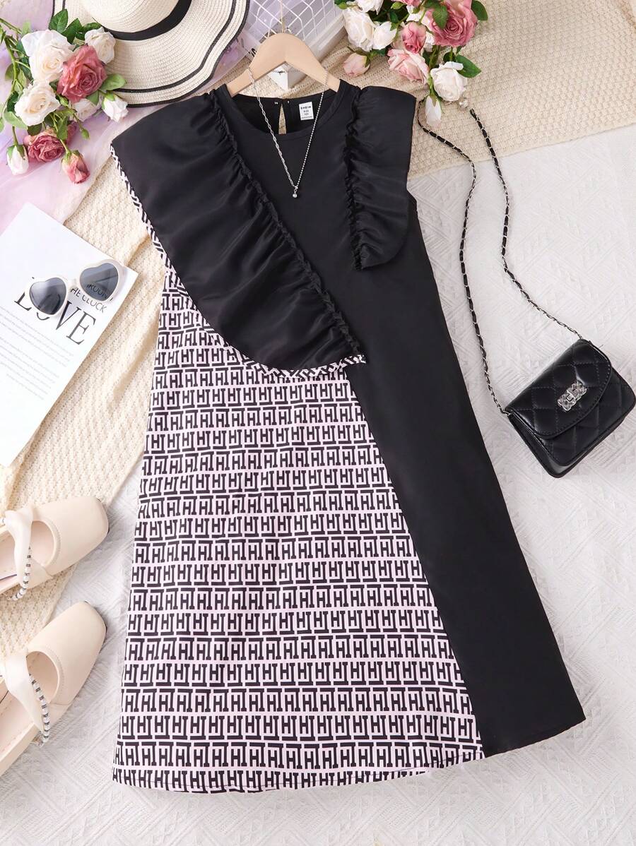 Tween Girls Letter Print Ruffle Hem Casual Fashion Cute Party Dress