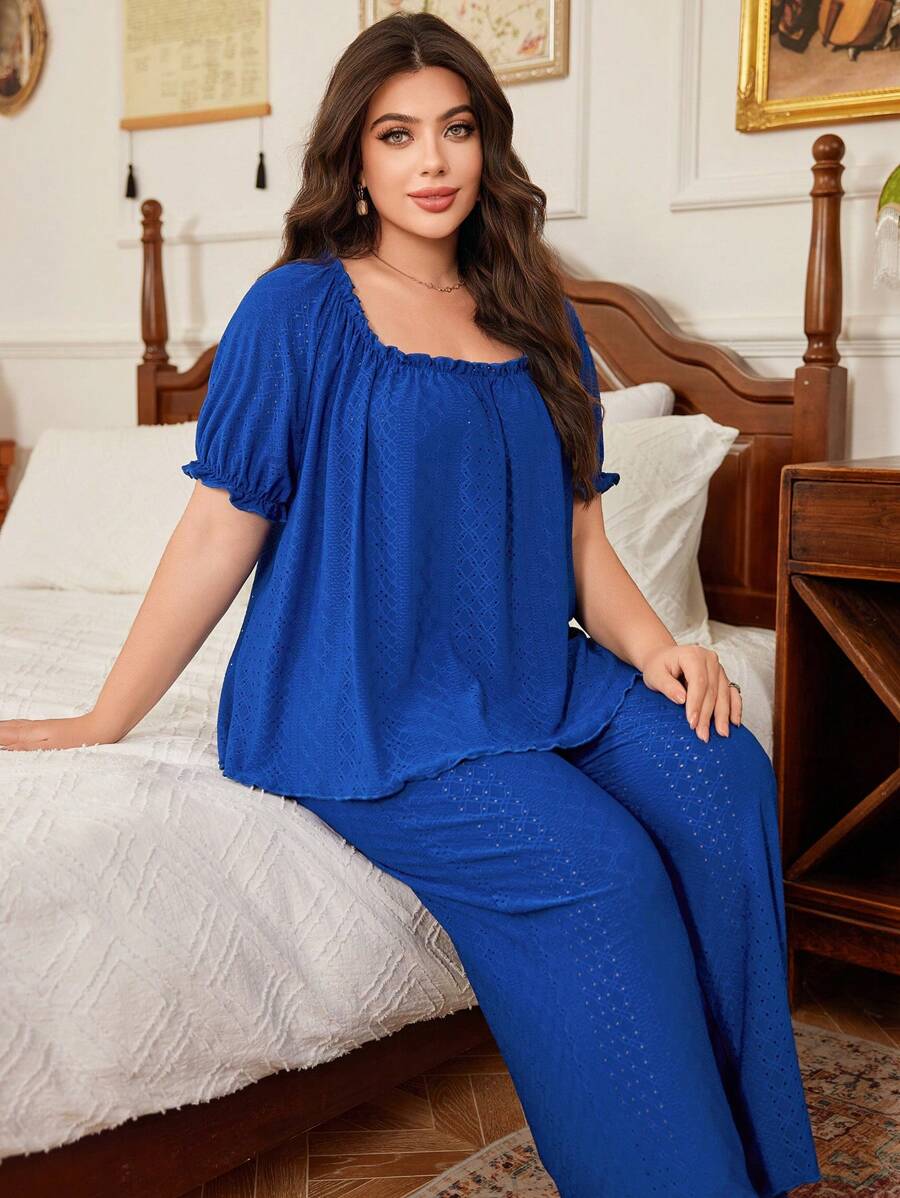 Trezura Conjunto de pijama para mujer tallas grandes con textura de jacquard, diseño calado y ribete de volados