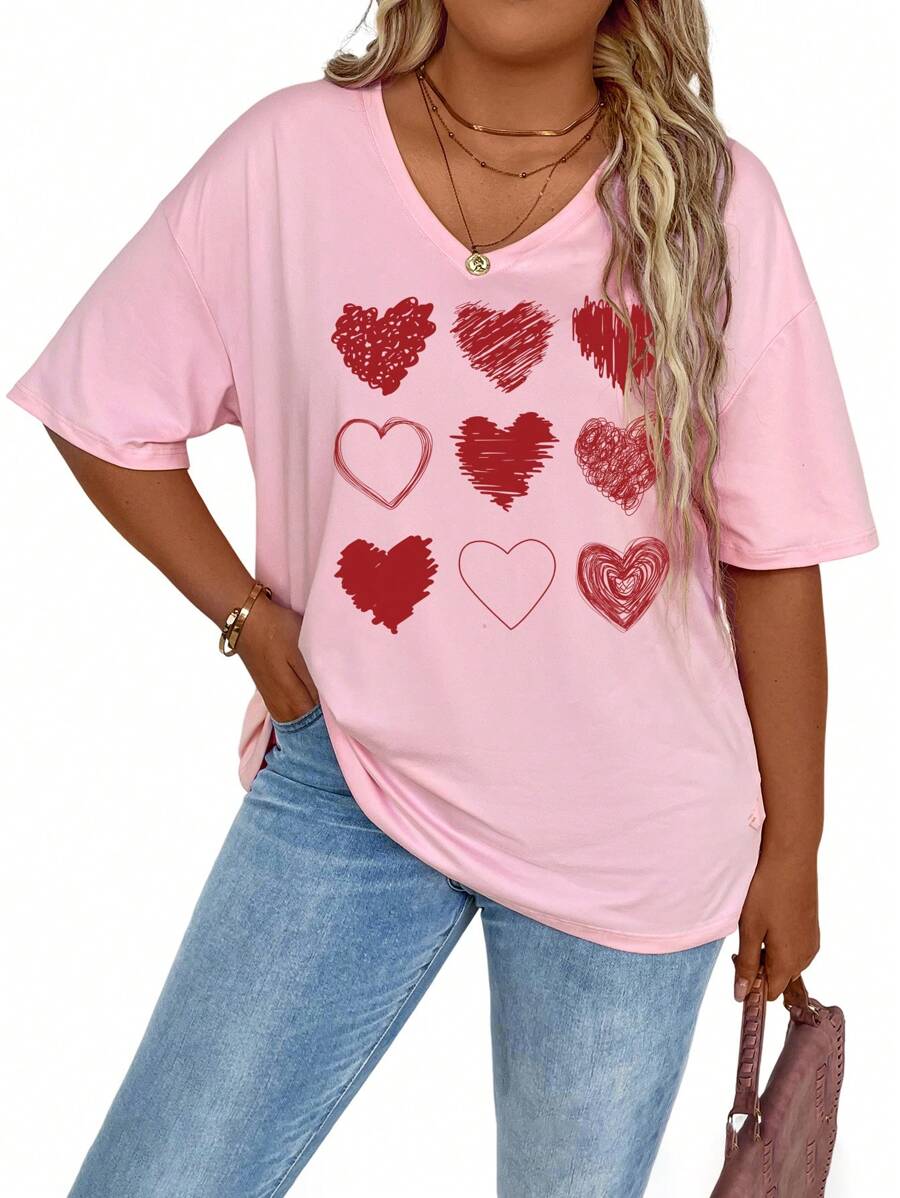 SHEIN LUNE Camiseta de manga corta para el Día de San Valentín, camiseta de manga corta con escote en V y estampado de corazón, adecuada para primavera y verano, ropa de mujer